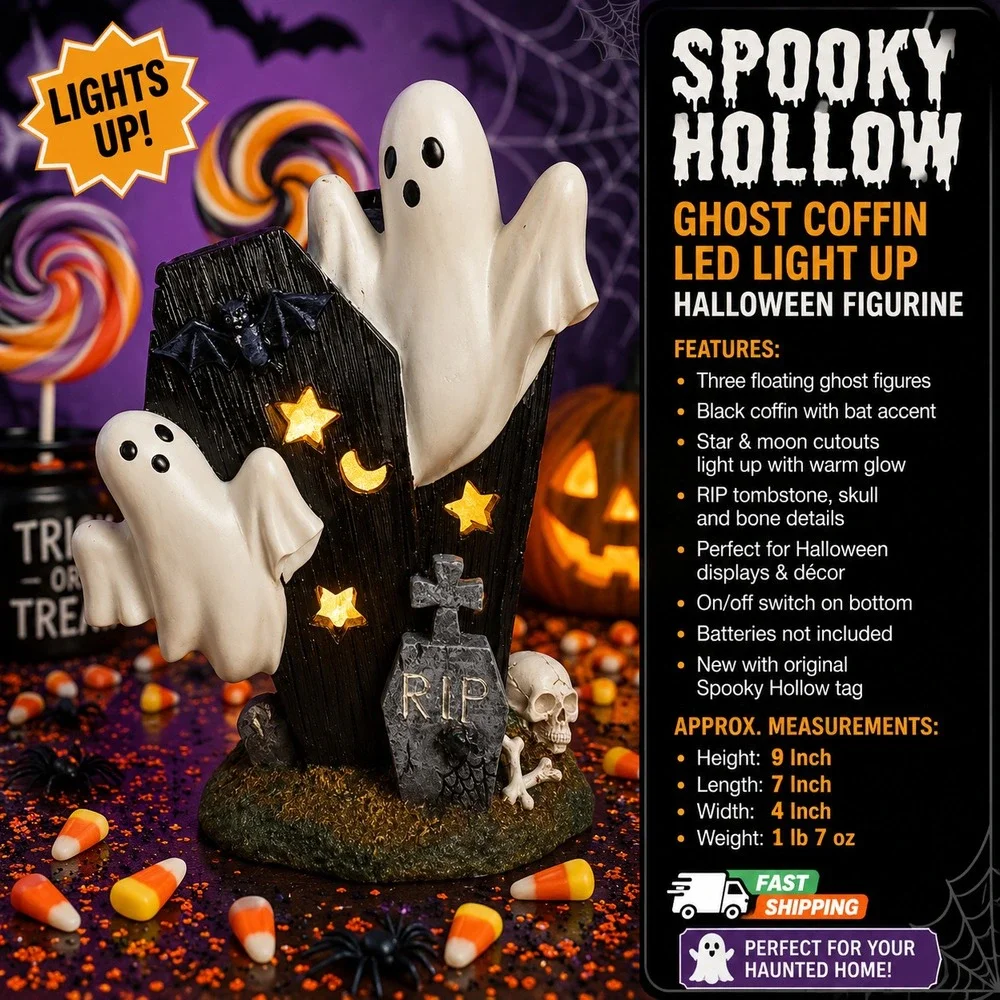Spooky Hollow Ghost Coffin LED Figurine Adult 9in Black White NEW Halloween